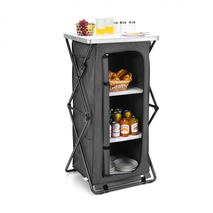 Folding camping storage cabinet with 3 shelves, waterproof oxford cloth, and spacious tabletop for outdoor activities.